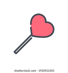 Heart lollypop color line icon. Romantic candy on stick vector outline colorful sign.