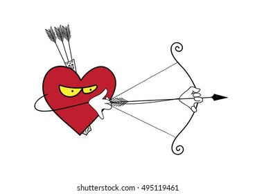 Heart is a lonely hunter. Vector cartoon heart attack.Vector illustration of heart, Valentines Day