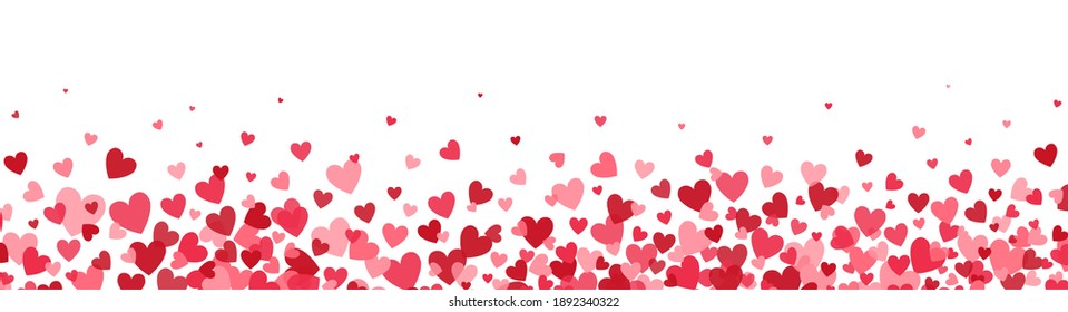 Heart long border. Bright hearts confetti falling on white background. Celebration backdrop. Valentines Day banner for greeting cards, wedding invitation, gift packages. Vector illustration.