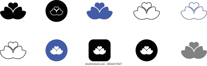 Heart lotus icon set featuring diverse styles like flat linear solid and rounded for romantic decoration branding or floral design.