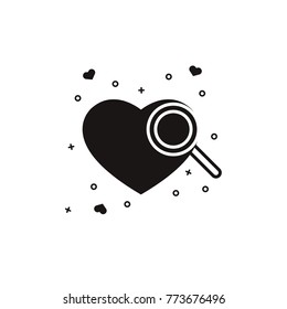 Heart with loupe or magnifying glass - black silhouette on isolated background. Love, like, passion searching monocrome symbol - for social media mobile and web apps, online dating services.