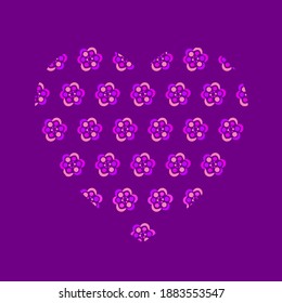 Heart, love of abstract violet flower, pattern. Saint Valentine day vector illustration of decorated heart with pink abstract ornate. Stylized symbol of love. Heart for wedding, web, postcards. fabric