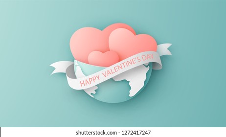 Heart of love around the world in Valentine’s day. Earth with heart and paper ribbon with text Happy Valentine’Day. paper cut and craft style. vector, illustration.