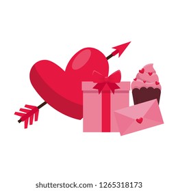 heart love with arrow and gifts