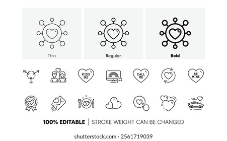 Heart, Love award and Like button line icons. Pack of Lgbt, Dating, Kiss me icon. Update relationships, Love letter, Be mine pictogram. Genders, Call me, Romantic dinner. Line icons. Vector