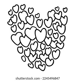 Heart love. Big heart made of small doodle hearts. Vector illustration. Hand drawn outline drawing. romantic valentine