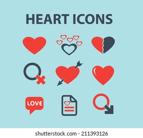 heart, love black isolated icons, signs, silhouettes, illustrations set, vector