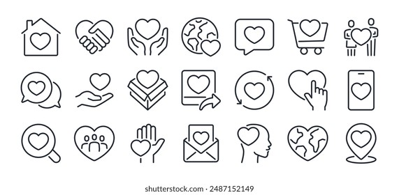 Heart, love, charity related editable stroke outline icons set isolated on white background flat vector illustration. Pixel perfect. 64 x 64