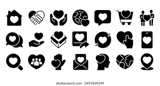 Heart, love, charity related editable stroke outline icons set isolated on white background flat vector illustration