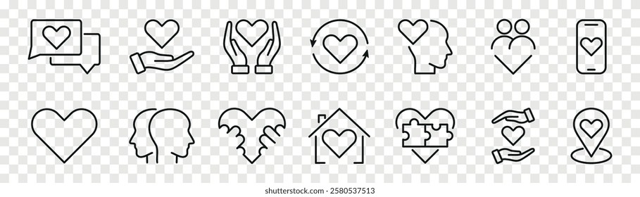 Heart, love, charity related isolated outline icons set