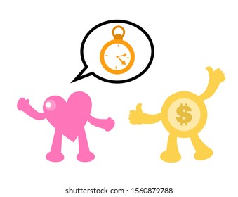 heart love and coin money economy talk about time clock cartoon doodle vector illustration flat design style