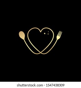 heart love design with spoons and forks. elegant gold color. to design a modern restaurant logo icon. vector

