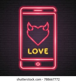 Heart Love Devil in Phone Screen Neon Light Glowing Vector Light Bright Red Colour