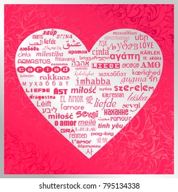 heart and love in different languages, greetings and recognition of Valentine's day