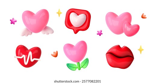 Heart and love emoji. 3d balloon icon. Cardio concept, like symbol, love flower, lips. Vector elements for social media design and mobile apps