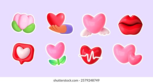 Heart and love emoji. 3d balloon sticker. Cardio concept, pink heart, like symbol, love, heart in hand,flower, lips. Vector cartoon cute icon