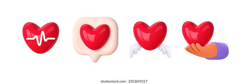 Heart and love emoji, 3d icon. Hands give heart, cardio concept, like symbol, flying heart with wings, Vector elements for social media design and mobile apps