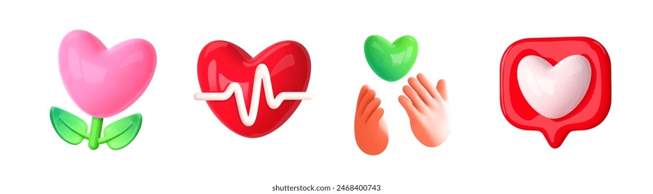 Heart and love emoji, 3d icon. Hands give heart, cardio concept, like symbol, love flower, donate. Vector elements for social media design and mobile apps