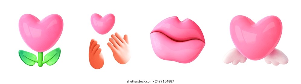 Heart and love emoji, 3d icon. Hands give heart, love flower, pink lips, heart angel. Vector inflated icon for social media design, valentines day element