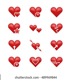 Heart love emoji, emoticons vector set. Broken heart, arrow and star illustration