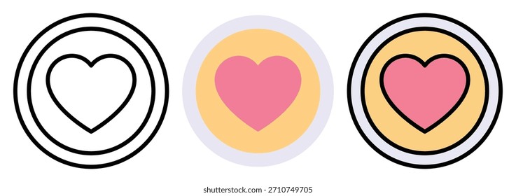 Heart Love Favourite Button Vector Icon Set in Outline, Colour And Flat Style
