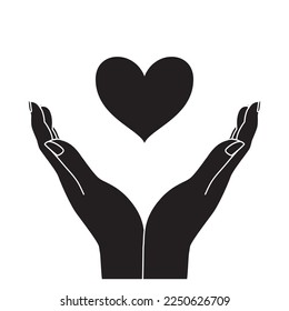 Heart love in female hand. Valentine's day. Black silhouette vector illustration.