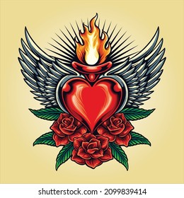 Heart love flying with rose flower blossom Vector illustrations for your work Logo, mascot merchandise t-shirt, stickers and Label designs, poster, greeting cards advertising business company