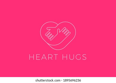 Heart Love Hugs Logo Hugging Hands design vector template Linear style. Valentines day Romantic dating Charity Donation Logotype concept icon.