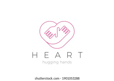 Heart Love Hugs Logo Hugging Hands design vector template Linear style. Valentines day Romantic dating Charity Donation Logotype concept icon.