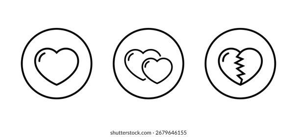 Corazón, icono de amor establecido en contorno circular. Símbolo de relación, romance y desamor
