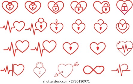 Conjunto de iconos de corazón y amor con latidos del corazón, candado, flecha e infinito - Colección de Vector de contorno rojo
