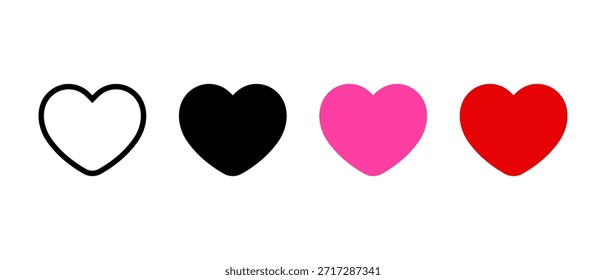 Heart, love icon set in flat design. Like and favorite symbol. Romance, affection sign