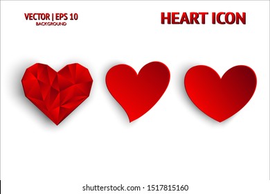 Heart love icon and Valentines Day sign set. Red vector romantic flat symbol background collection. Isolated illustration art with shadow can use for mobile and web design, logo, health, holiday