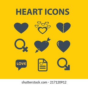 heart, love icons, signs, illustrations, silhouettes set, vector