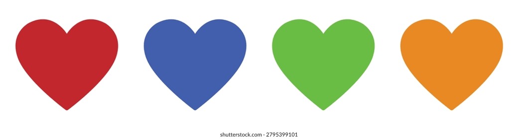 Heart, love icons vector, red, blue, green, orange hearts. Colour heart love symbols isolated. vector illustration.