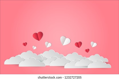 heart love illustration flying on the sky and cloud created by paper art style vector design