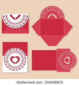 Heart with love inscription. Laser cut invitation template. Cutout paper card. Vector stock.