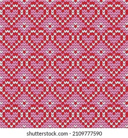 Heart love knitting seamless pattern wool knitted texture pink knitwear fabric design hearts geometric ornament vector illustration, Sweet retro background for Valentine's day, wedding, wrapping paper