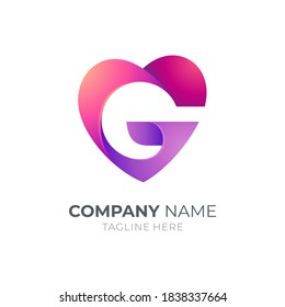 Heart or love letter G logo with 3d shape in gradient red and purple color
