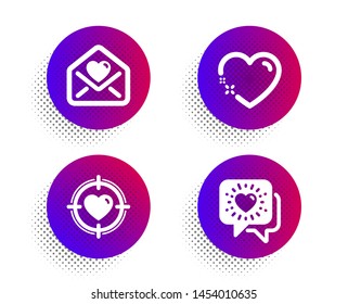 Heart, Love letter and Valentine target icons simple set. Halftone dots button. Friends chat sign. Love, Heart, Friendship. Love set. Classic flat heart icon. Vector