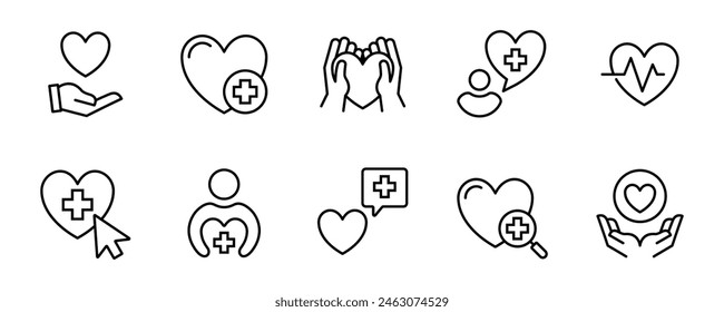 heart love life icon line set health care cross for charity support donation sign vector illustration for web and app