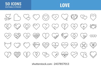 Corazón y Amor Línea Iconos. Trazo editable. Píxel perfecto. Para móviles y web. Contiene iconos como Corazón, Amor, Emoción, Relación, Matrimonio, Boda, Padres, Familia, Corazón roto, Citas