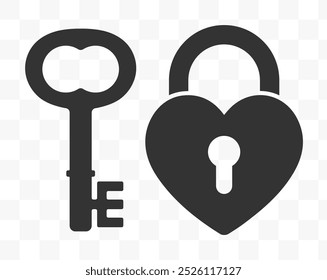 Heart love lock and key icon symbol. Romance couple logo sign. Vector illustration image. Isolated on white background.