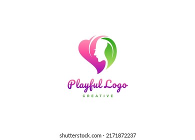 heart or love logo with beautiful woman and leaves in flat design style with pink and green colors