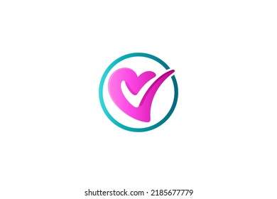 Logotipo de corazón o amor con icono de verificación dentro del emblema de círculo o sello de sello