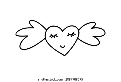 Cartel del logo del amor al corazón durmiendo con las alas. Diseñar elemento floreciente para tarjeta de San Valentín. Ilustración vectorial Boda de símbolo romántico. Plantilla para camiseta, pancarta, afiche.