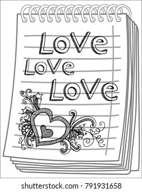 Heart and Love on notebook background. Valentine's Day Love & Hearts. hand drawn Vector Illustration