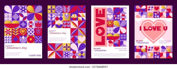 Heart love pattern. Geometric card. Poster abstract graphic. Gift concept template, minimal contemporary design. Elegant modern party pink, gold gradient. Vector garish Valentines Day background