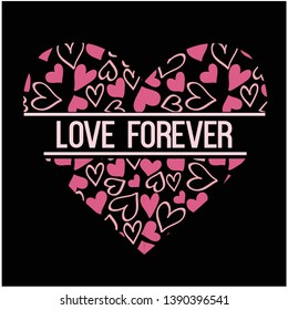 Heart love pink line text pattern.  Girl tee  art vector illustration