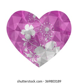 Heart in love polygonal low poly with abstract flower on isolated and retro style.
